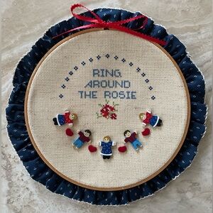 Handmade Blue and Cream 'Ring Around the Rosie' Cross Stitch Hoop Wall Accent